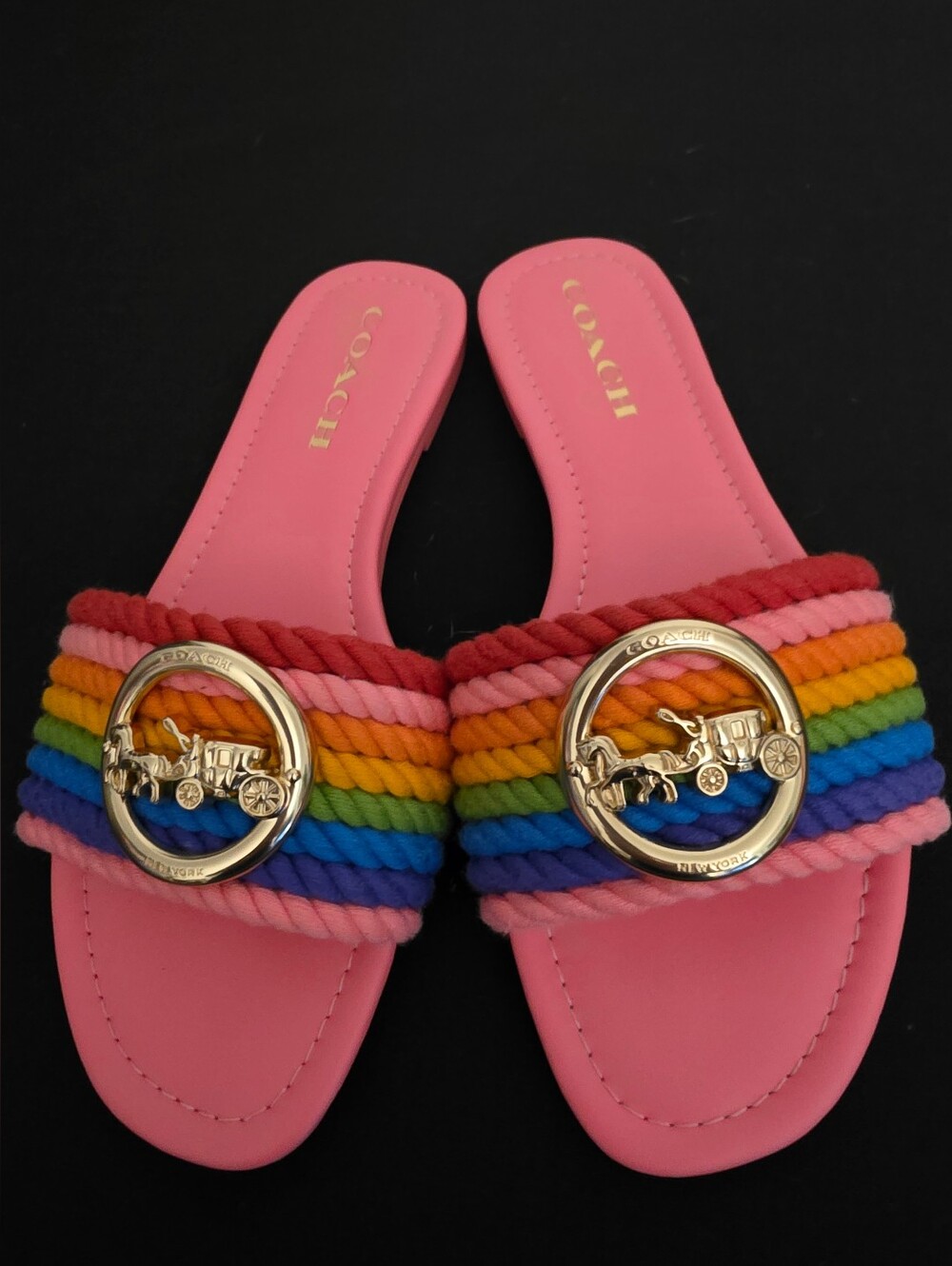 COACH Pink Rainbow Rope Slide Sandals